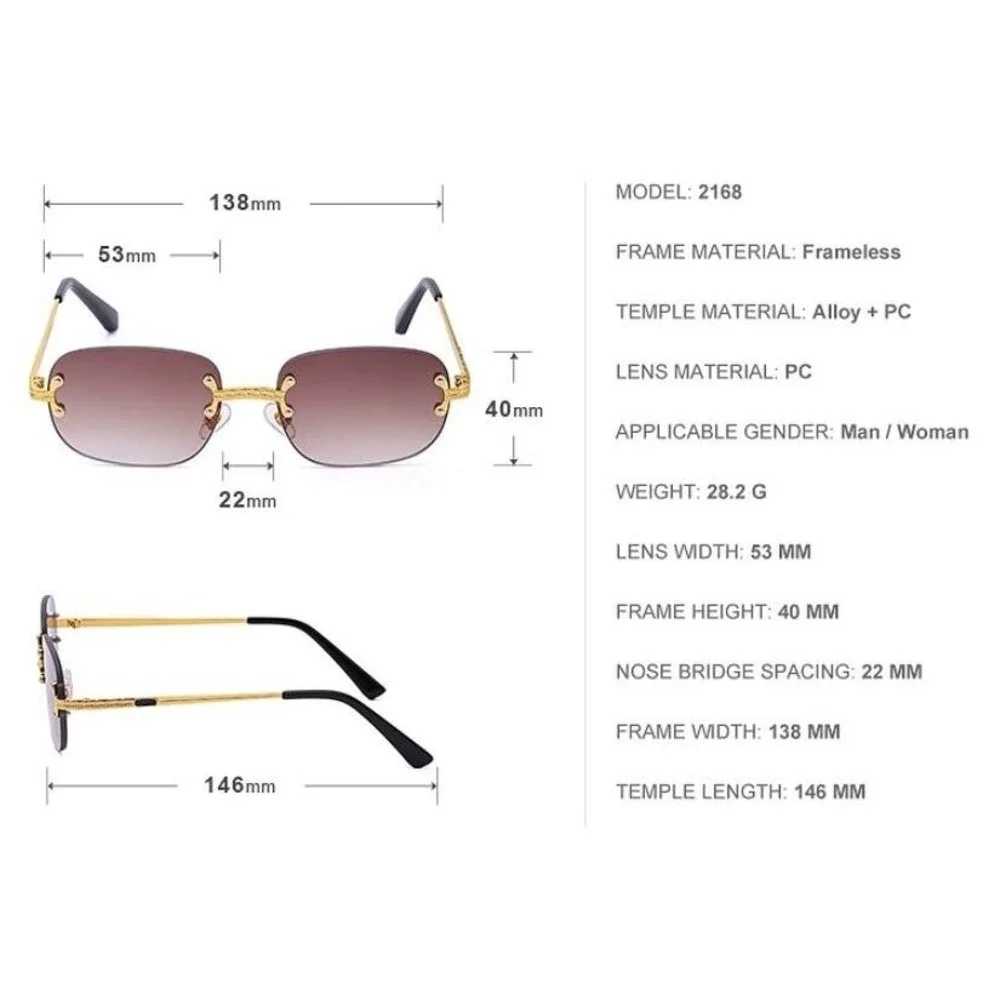 Rimless Sunglasses Men Gold Accents Brown Lens Fashion Shades Street Wear Lentes